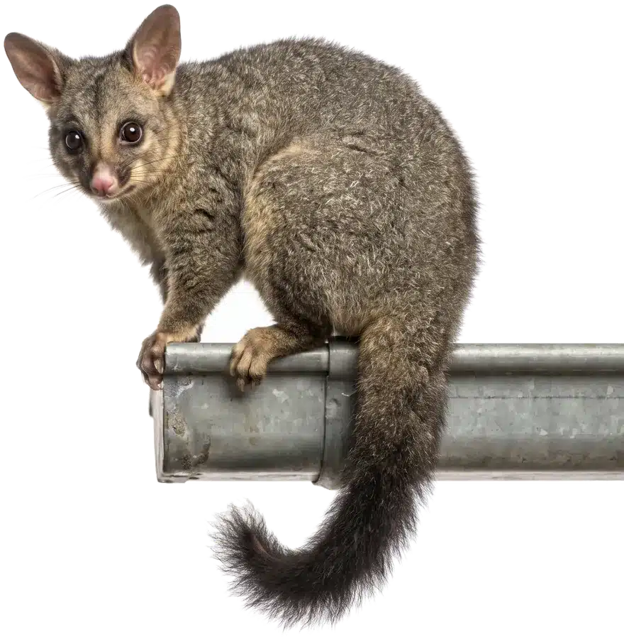 Brushtail possum sitting on a roof gutter in Melbourne