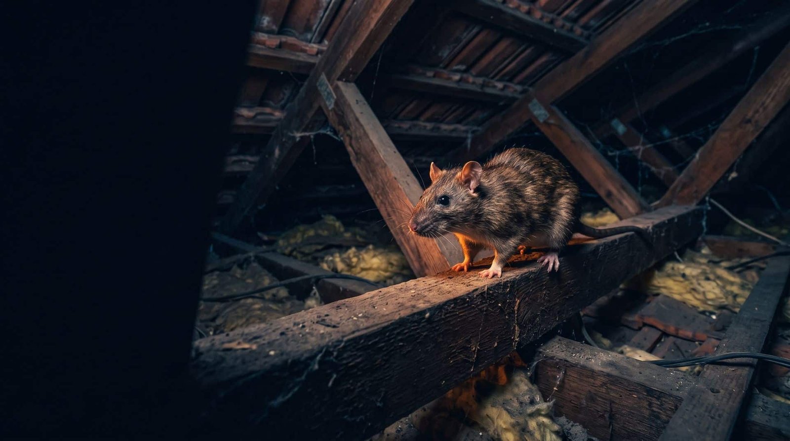 Roof rat on a timber beam inside a Melbourne roof void at night